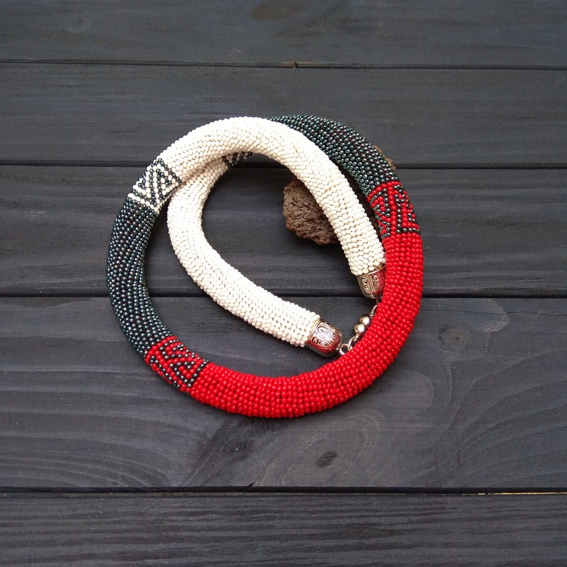 Asphalt grey red and white striped minimalist geometric crochet beaded necklace Unique office and casual style rope Stepmom gift idea