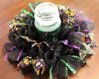 14" Happy Halloween Boo Eek Spooky ~ Centerpiece/Candle Ring/Mini Wreath - Deco Mesh w/Ribbon - Skulls, Spiders, Cand Corn, Pumpkins, Bones