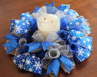 14" or 18" Winter Snowflakes Cobalt Blue & Silver Centerpiece/Candle Ring/Wreath ~ Deco Mesh w/Ribbons, Christmas, Hanukkah or Winter Decor!