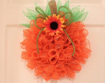 14" Pumpkin Wreath with Sunflower ~ Fall, Autumn, Thanksgiving or Halloween Decor ~ Deco Mesh