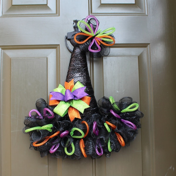 Halloween Witch Hat Door Hanger/Wreath ~ with Bow! Black Deco Mesh with Orange, Purple & Green accents