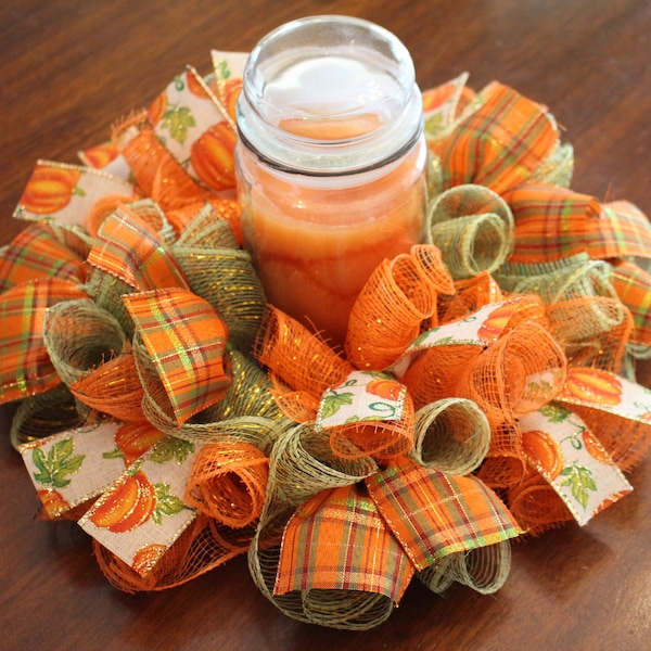 14" or 18" Pumpkins on the vine Centerpiece for Fall or Thanksgiving, Candle Ring Wreath ~ Deco Mesh Autumn Green & Orange Fall plaid ribbon