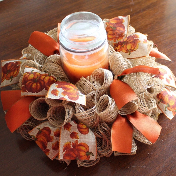 14" or 18" Fall Thanksgiving Pumpkins Centerpiece, Candle Ring, Wreath ~ Deco Mesh w/Ribbons Pumpkin Patch Harvest for Thanksgiving Table