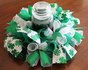 14" or 18" Shamrock Saint Patrick's Day Centerpiece, Candle Ring, Wreath Green Deco Mesh with Ribbon, St. Paddy's Day Lucky Irish, Shamrocks