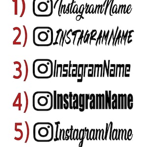 May include: Five different variations of the Instagram logo with the text "Instagram Name" written next to it. The text is in different fonts and styles.
