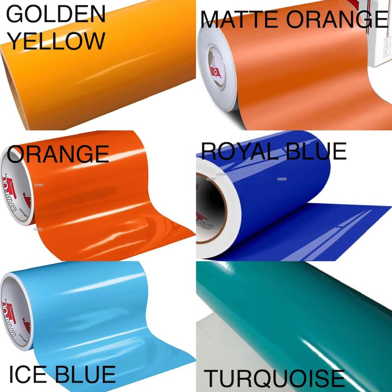 Puede incluir: Una colecci&oacute;n de rollos de vinilo en varios colores: amarillo dorado, naranja mate, naranja, azul real, azul hielo y turquesa. Cada rollo est&aacute; etiquetado con su nombre de color.
