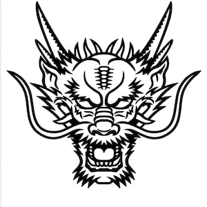 May include: A black and white graphic illustration of a dragon head facing forward. The design features sharp, angular lines, prominent horns, long flowing whiskers, and an open mouth showing teeth, rendered in a bold, high-contrast style.