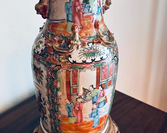 Antique Rose Medallion Porcelain Vase, Buddhistic Lion Handles, c. 1850