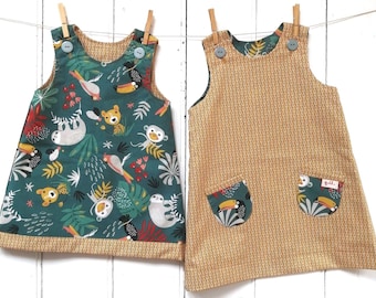 Handmade, Jungle Sloths Pinafore Dress, Reversible, Mustard, Leaves, UK, Girls Kids, Baby, Toddler, Cotton, Colourful, Gift, Clothes