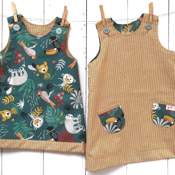 Handmade, Jungle Sloths Pinafore Dress, Reversible, Mustard, Leaves, UK, Girls Kids, Baby, Toddler, Cotton, Colourful, Gift, Clothes