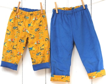 Construction Needlecord Trousers, Reversible, Unisex, Vehicles Mustard, Handmade, UK, Kids Baby Toddler Boys Girls Unisex Pants Gift Present