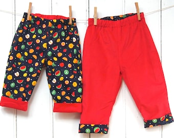 Reversible Fruit, Red Needlecord Trousers, Handmade in UK, Kids, Baby, Toddler, Boys Girls, Unisex, Cotton, Pants, Gift, Gifts, Clothes Xmas