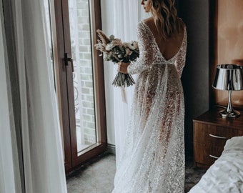 Robe de mariée blanche paillettes robe de soirée en tulle transparent, robe de mariée alternative en tulle perlé à manches longues, robe de mariée scintillante taille plus