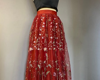 Red copper floral wedding long skirt, flower a line bridesmaid gown, floral custom wedding gown plus size dress, alternative long skirt