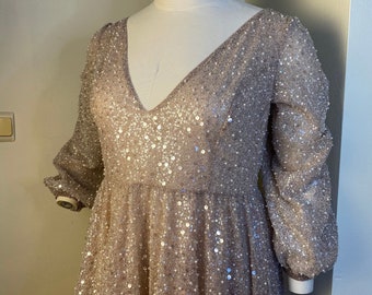 Rose Gold Glitter Wedding Gown, Sequin second Dress, Sparkly Long Sleeve Robe, Beaded Tulle Bridal Alternative dress Glamorous Rose Dress