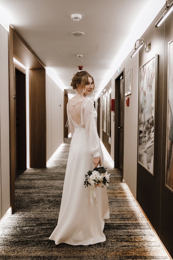 Elegant Chiffon Wedding Dress With Boat Neck V Open Back Classic Minimalist Bridal Gown Classic A line Timeless White Satin Wedding Dress Etsy Norway