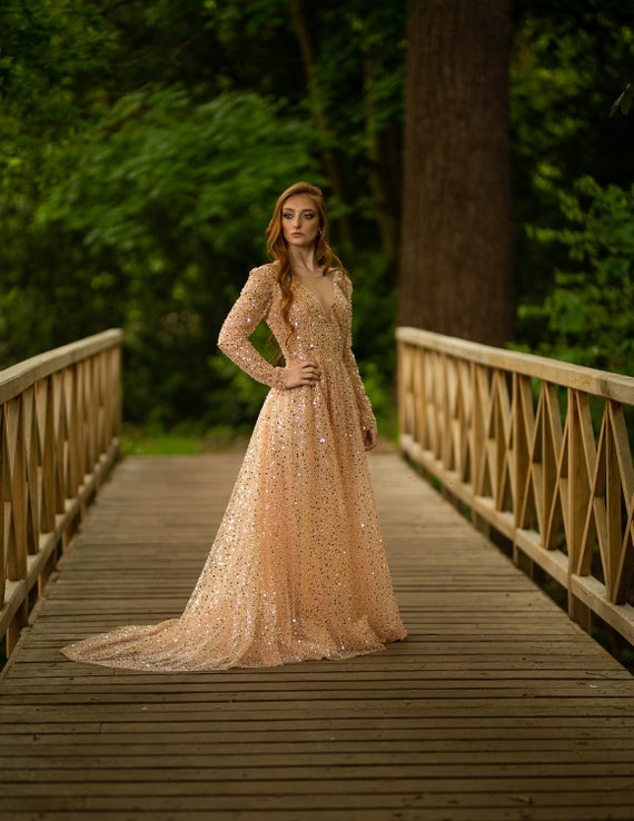 A-Line Champagne Gold Tulle Sequins Long Mother Of The Bride Dresses