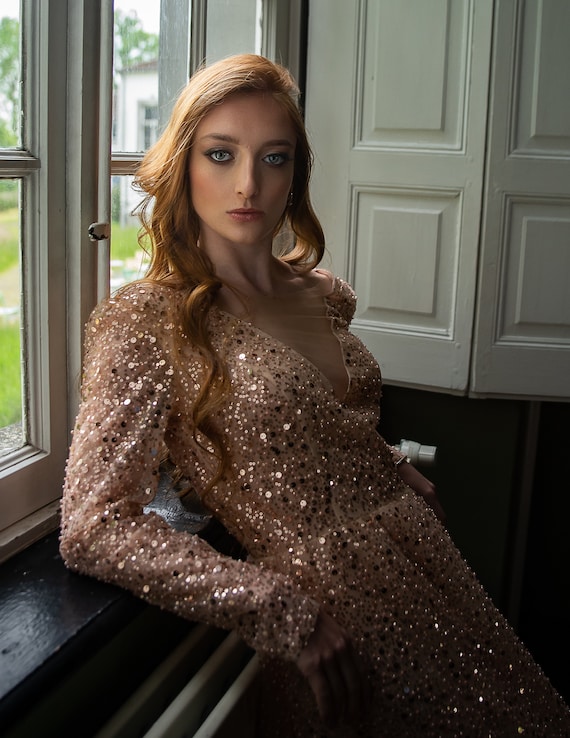 Beautiful high quality Champaign/Gold sequined gown by Marina. Size 6.