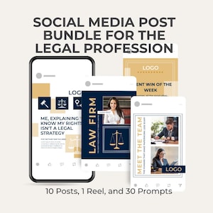Peut inclure: Un ensemble de publications pour réseaux sociaux destiné aux professionnels du droit, incluant des modèles avec le texte SOCIAL MEDIA POST BUNDLE FOR THE LEGAL PROFESSION, LAW FIRM et MEET THE TEAM. Le lot contient 10 posts, 1 reel et 30 prompts.
