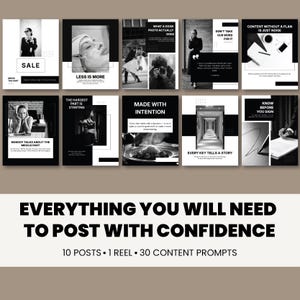 Peut inclure: Un ensemble de dix modèles de réseaux sociaux en noir et blanc présentant diverses images lifestyle et des textes de motivation. Le kit comprend des mises en page avec des titres comme Sale, Less Is More, Made With Intention et Know Before You Sign.