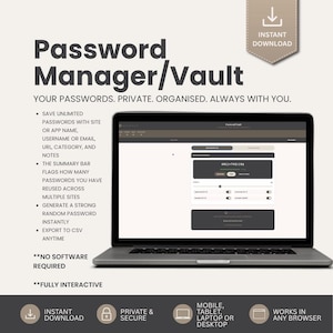 Op de afbeelding: Een digitale wachtwoordmanager en kluis weergegeven op een laptopscherm. De tekst luidt Password Manager/Vault, Your Passwords. Private. Organised. Always With You. Functies omvatten het opslaan van wachtwoorden, een generator en CSV-export.