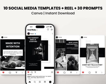 10 Schwarz Weiß Instagram Vorlagen Bündel | Canva Bundle + Reel + Prompts (Digitaler Download)