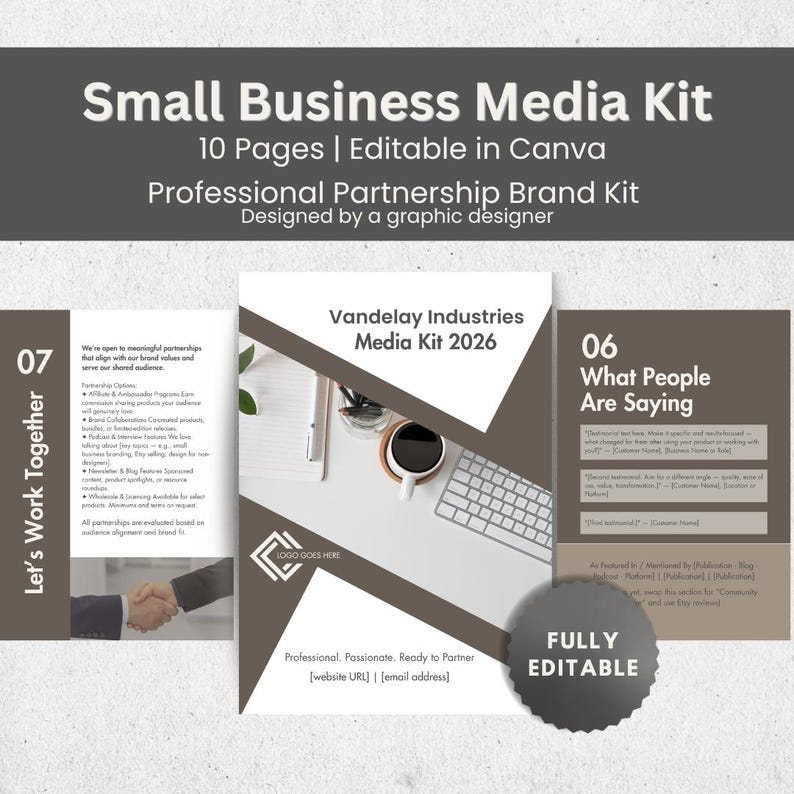 May include: A 10-page Small Business Media Kit template editable in Canva, featuring a professional partnership brand kit design. The layout includes sections for partnership options, testimonials, and contact details with a dark gray and white color scheme.