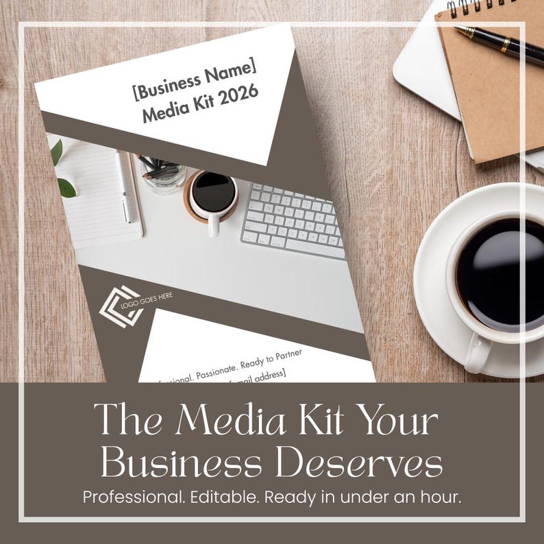 May include: A digital media kit template featuring a brown and white geometric design. The document displays the text [Business Name] Media Kit 2026, a logo placeholder, and the text The Media Kit Your Business Deserves. Professional. Editable.