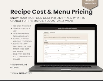 Receptkostencalculator | Menuprijstool | Calculator voor voedselkostenpercentages | Bakkerij, café, restaurant | Digitale download