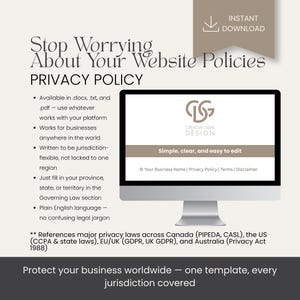 May include: A digital privacy policy template for websites, featuring a computer monitor displaying the Creative Geek Design logo and text. The document includes bullet points detailing file formats, global usability, and legal compliance.