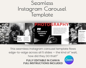 Seamless Instagram Carousel Canva Template | Black & White Editable 5-Slide Swipe Post | Small Business Social Media Template