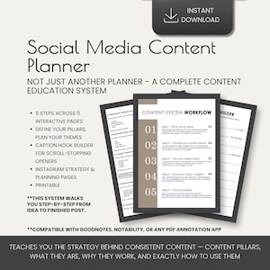Social Media Content Planner | Caption Hook Builder | Content Pillars | Instagram Strategy | GoodNotes & Notability PDF