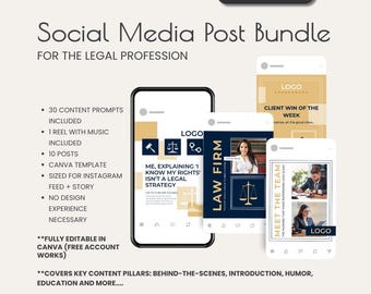 Legal Profession Instagram Template | Canva Social Media Bundle | Instagram Reel + 10 Posts + 30 Content Prompts