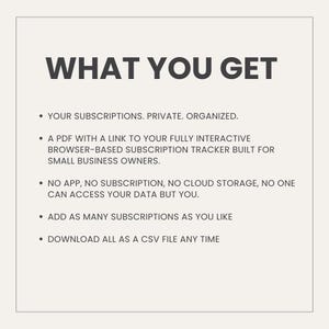 以下が含まれることがあります： ダークグレーのテキストで「WHAT YOU GET」と書かれたデジタル製品情報カード。ブラウザベースのサブスクリプション管理ツールへのPDFリンク、プライベートデータストレージ、無制限のサブスクリプション登録、CSVファイルダウンロード機能などが記載されています。