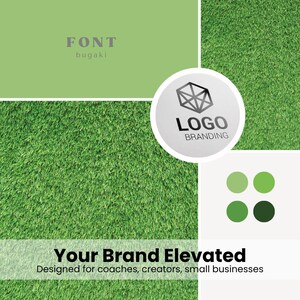 May include: A graphic design layout featuring a green grass texture background with a white circle containing a logo and the words "LOGO BRANDING". The text "FONT bugaki" is at the top left. The text "Your Brand Elevated" is at the bottom.