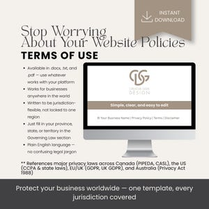 May include: A digital template for website terms of use displayed on a computer monitor. The text reads Stop Worrying About Your Website Policies, Terms of Use, and Creative Geek Design. It includes bullet points about file formats and legal coverage.