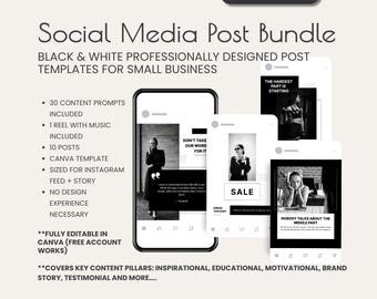 Black White Instagram Template Bundle | 10 Posts + Reel + 30 Content Prompts | Small Business Canva Templates