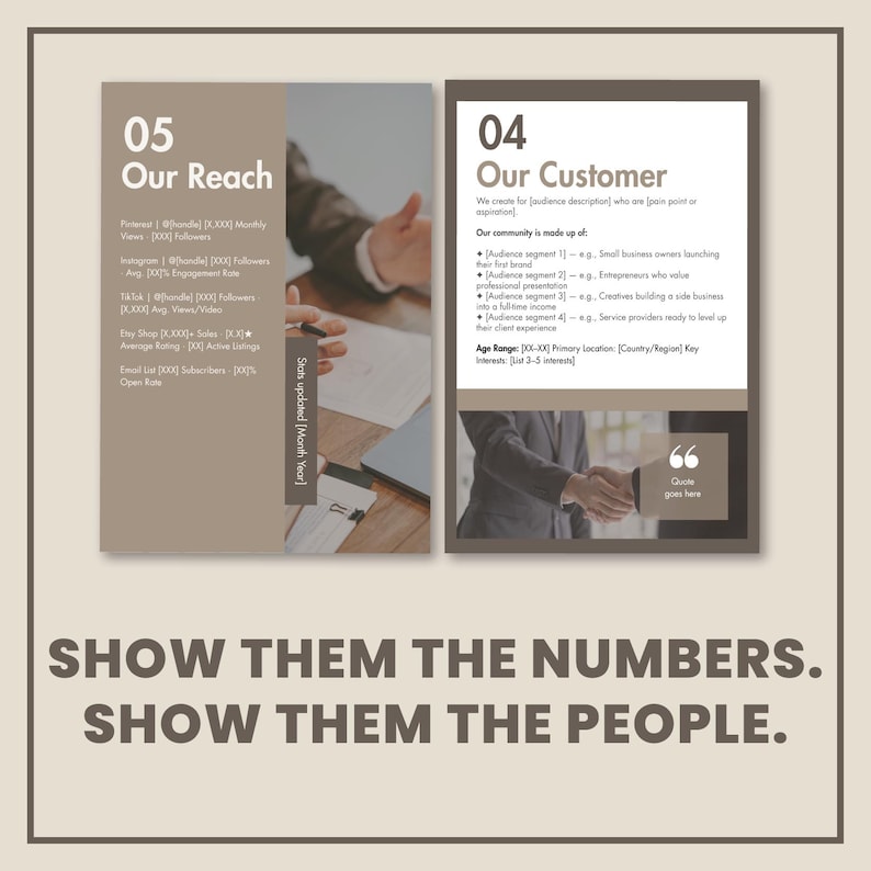May include: A two-page business template featuring sections titled 05 Our Reach and 04 Our Customer. The layout includes placeholders for social media statistics, audience demographics, and a quote. The text SHOW THEM THE NUMBERS. SHOW THEM THE PEOPLE. appears below.