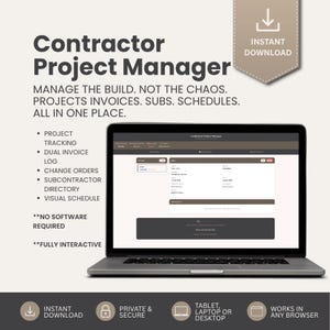 Puede incluir: Una herramienta digital de gestión de proyectos para contratistas en una pantalla de portátil. La interfaz incluye seguimiento de proyectos, registros de facturas, órdenes de cambio, un directorio de subcontratistas y un calendario visual.