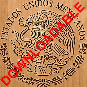 May include: A brown wooden plaque with a carved image of the Mexican coat of arms. The coat of arms features an eagle perched on a cactus with a snake in its beak. The text "Estados Unidos Mexicanos" is carved around the eagle.