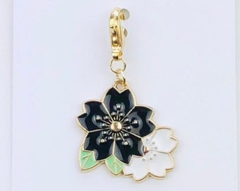 Black And White Cherry Blossom Planner Charm, Black Flower Zipper Pull, Agenda Decoration