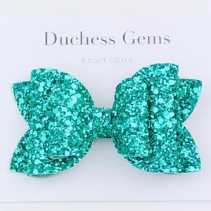 Turquoise Chunky Glitter Hair Bow Clip, Sparkly Turquoise Hairbow