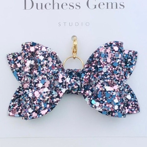 Navy And Pink Holographic Chunky Glitter Chloe Bow Notebook Charm, Blue Hologram Planner Charm