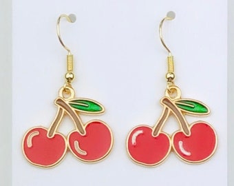 Cherry Earrings, Cherries Dangle Charm Earrings, Fruit Charm Ear Wires