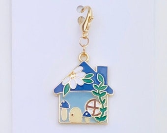 Blue House Planner Charm, Mushroom Toadstool Flower Cottage Notebook Charm