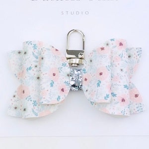 Pink Floral Faux Leather Bow Bag Charm, Diaper Bag Bow Charm Clip