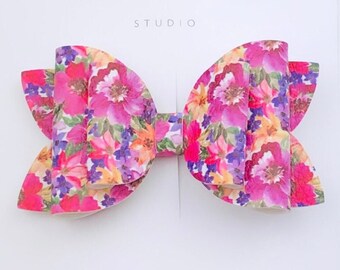 Pink Floral Hair Bow Clip, Purple And Pink Flower Pattern Hairbow