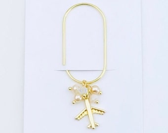 Airplane Charm Mini Wide Paper Clip, Glass Pearls And Crystal Beads Travel Charm Paperclip Bookmark