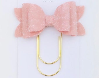 Pink Glitter Chloe Bow Paper Clip, Elegant Pink Glitter Bow Paperclip, Bookmark