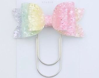 Pastel Ombre Rainbow Glitter Chloe Bow Paperclip, Rainbow Glitter Bow, Sparkly Glitter Bow, Bookmark, Pagemarker